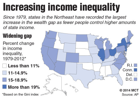Shaded map of U.S. showing percent change in income inequality from 1979 to 2012, by state.