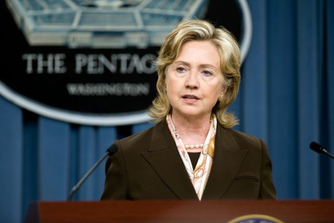 Former Secretary of State Hillary Rodham Clinton speaks to the press