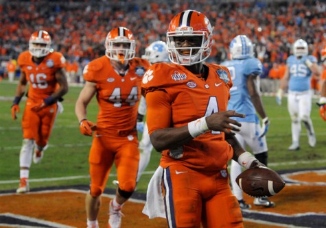 Clemson quarterback Deshaun Watson (4) smiles as he celebrates a touchdown during fourth-quarter action against North Carolinain the ACC Football Championship at Bank of America Stadium in Charlotte, N.C., on Saturday, Dec. 5, 2015. (Jeff Siner/Charlotte Observer/TNS)